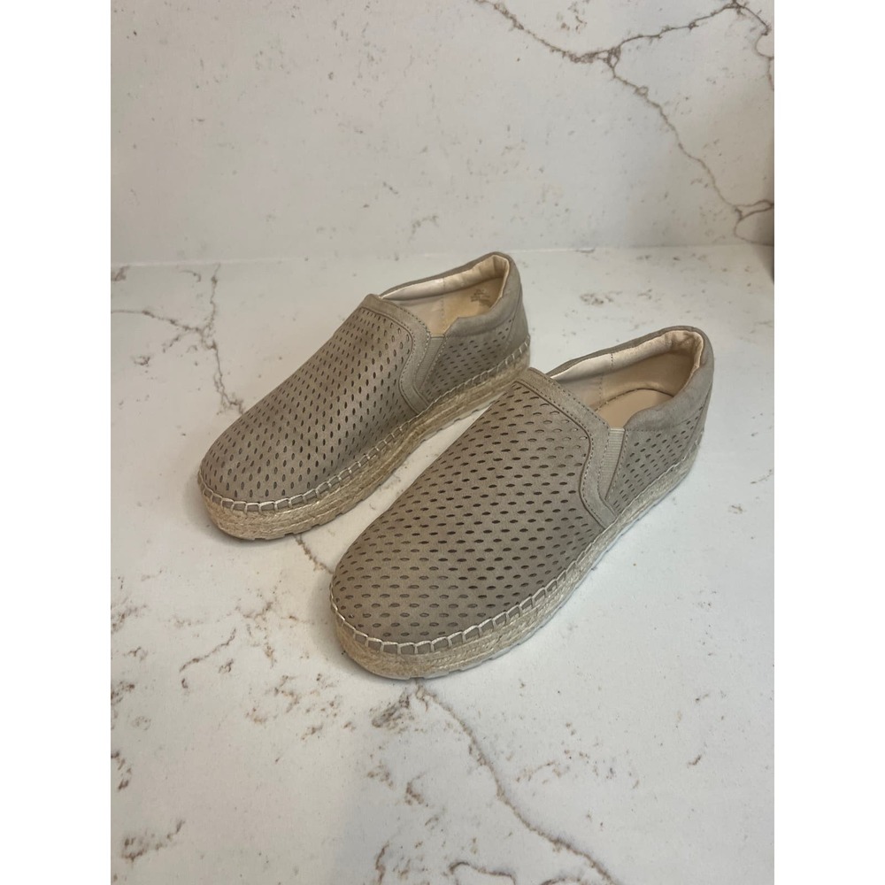 Marc Fisher Mania Suede Taupe Tan Perforated Espadrilles Sz 6.5 Slip On Flatform